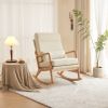 100*65*101cm High Back Belt Waist Pillow Log Color Solid Wood Armrest Backrest Seat Frame Iron Frame Indoor Rocking Chair Off-white Linen