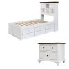 2 Pieces Wooden Captain Bedroom Set Twin Bed with Trundle and Nightstand,White+Walnut